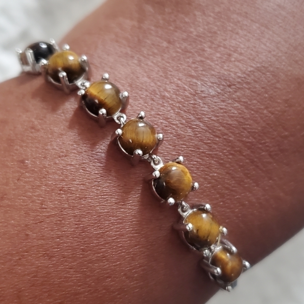 South African Tiger's Eye Bolo Bracelet Platinum Plated Size 6.5 9 - Picture 2 of 4